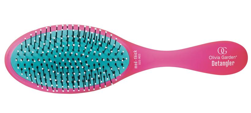 Olivia Garden medium thick hair detangler in pink and teal with flexible bristles for easy detangling
