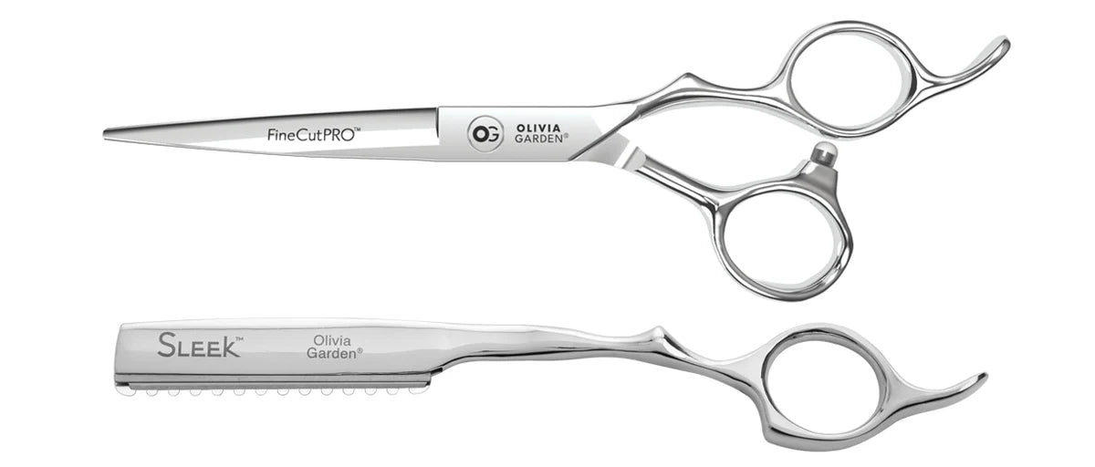 Olivia Garden professional hair cutting shears and thinning scissors set in polished silver finish