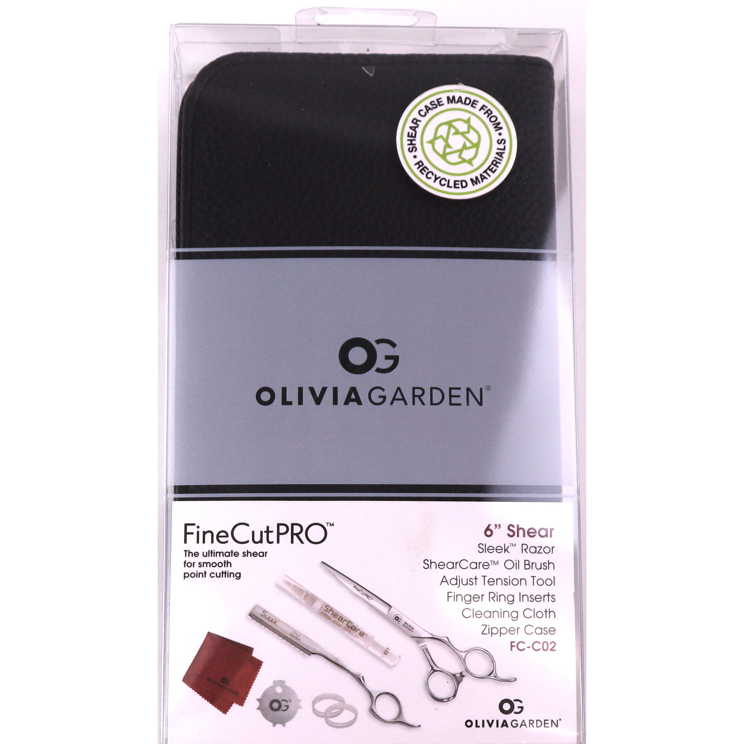 Olivia Garden professional hair cutting shears set with 6 inch sleek razor scissors and accessories in clear packaging