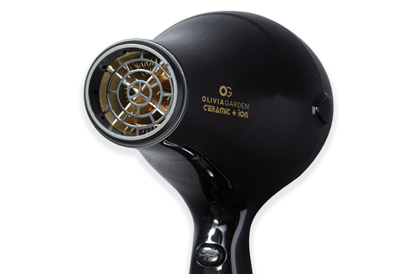 Olivia Garden professional hair dryer in black with ceramic and ion technology close-up view