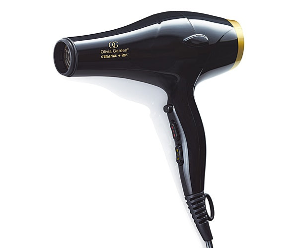 Olivia Garden professional hair dryer in black with gold accents and ceramic ion technology