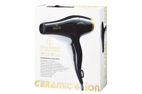 Olivia Garden professional hair dryer in black with gold accents in retail packaging