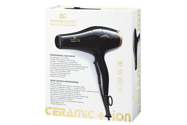Olivia Garden professional hair dryer in black ceramic with ion technology and ergonomic design
