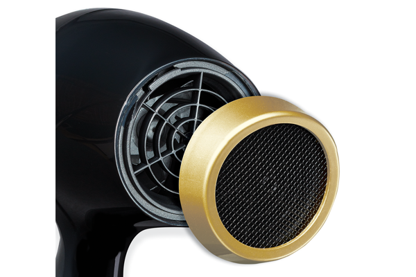 Close-up of Olivia Garden professional hair dryer with black body and detachable gold air filter
