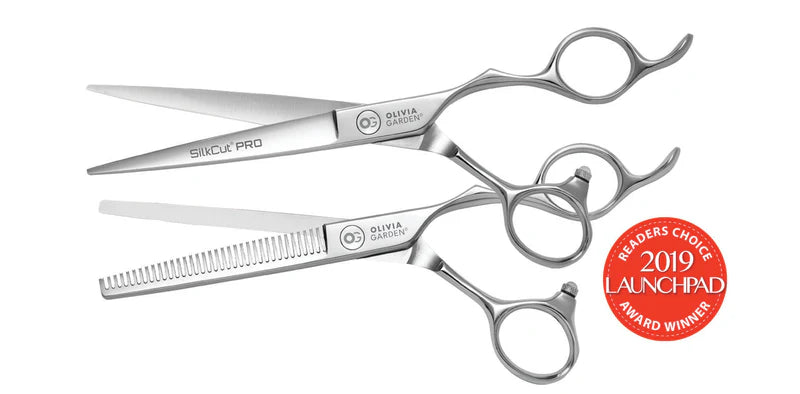 Olivia Garden SilkCutPRO shears set with straight and thinning scissors and 2019 Launchpad Award badge