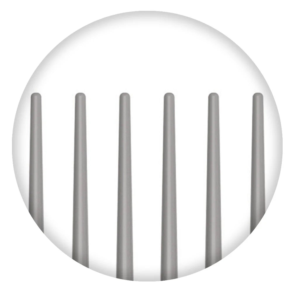 Olivia Garden close-up of metal prongs on curly hair pick comb for detangling and styling