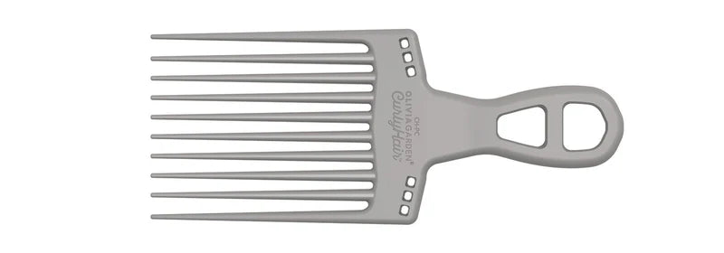 Olivia Garden gray curly hair pick comb with long wide-set teeth for volume and detangling