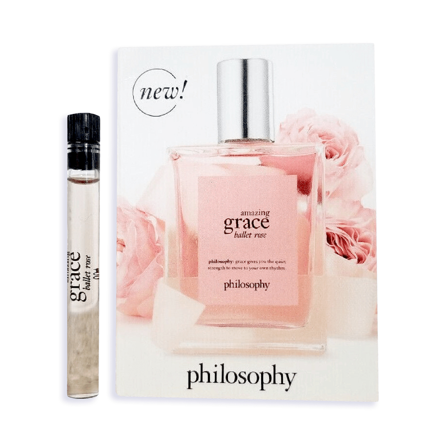 Philosophy Amazing Grace Ballet Rose perfume sample vial and promotional card with pink roses