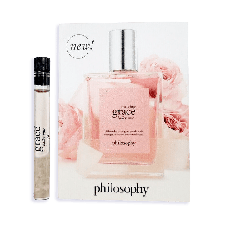 Philosophy Amazing Grace Ballet Rose perfume sample vial and promotional card with pink roses