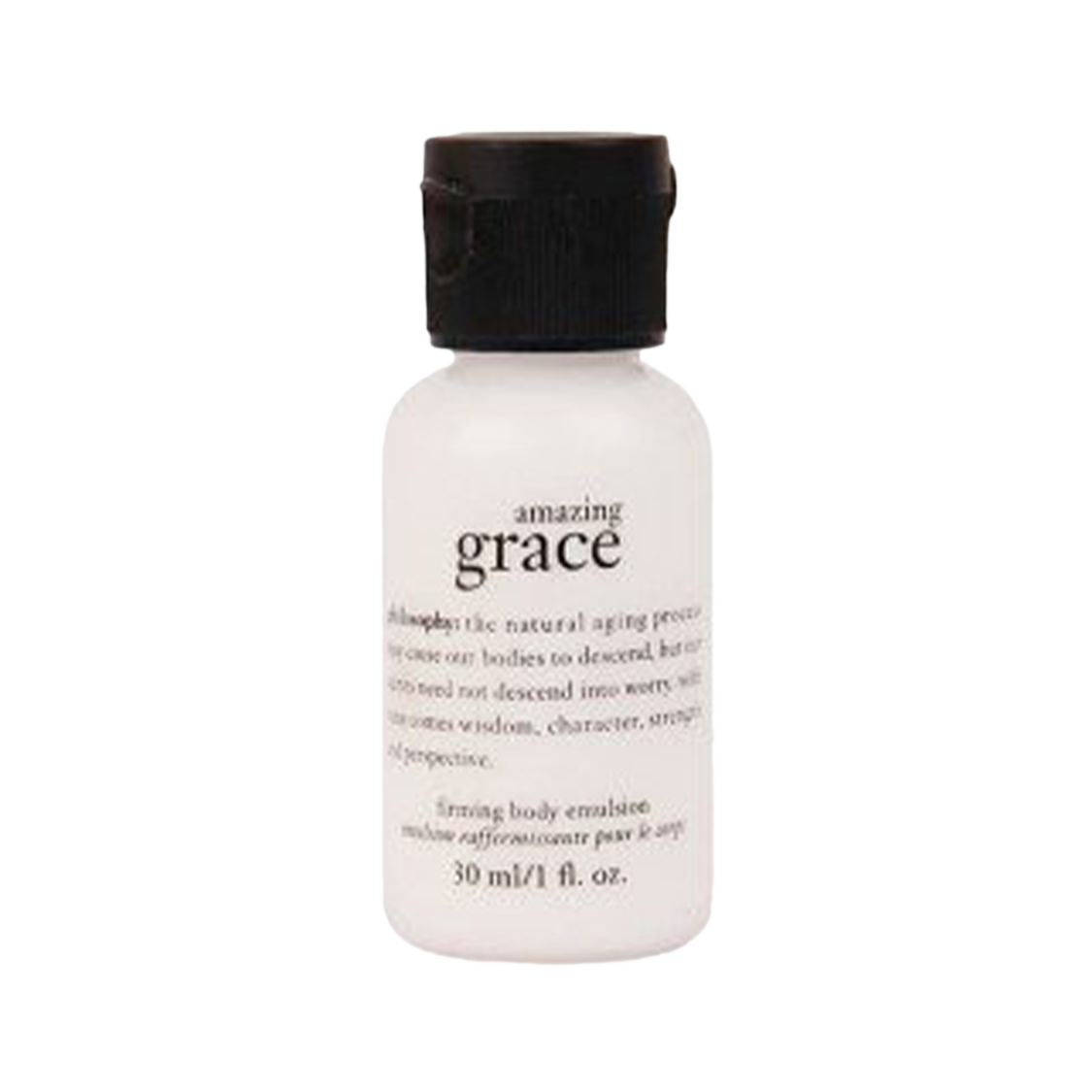 Sample free gift Philosophy Amazing Grace body lotion 30 ml bottle with black cap on black background