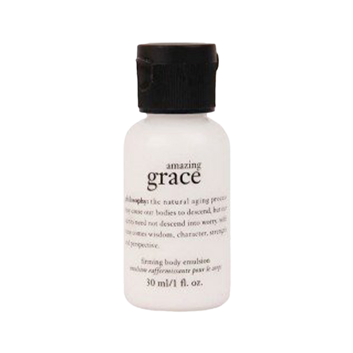 Sample free gift Philosophy Amazing Grace body lotion 30 ml bottle with black cap on black background