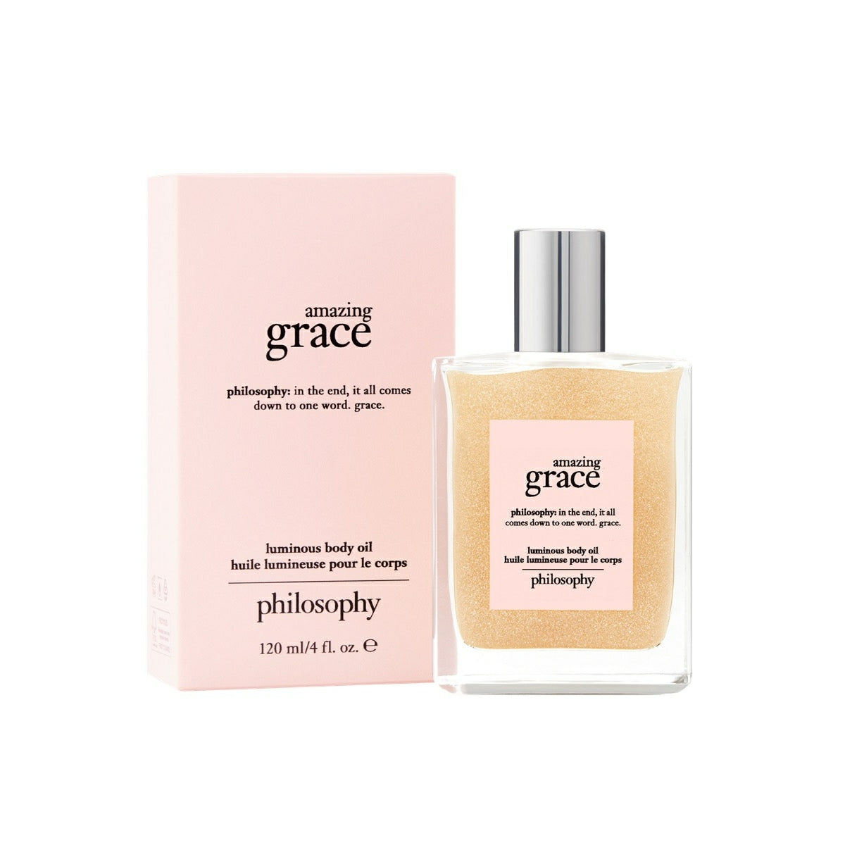 Philosophy Amazing Grace body oil in clear bottle with silver cap and pink packaging box