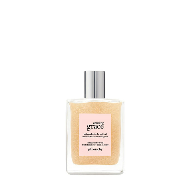 Philosophy Amazing Grace body oil in clear rectangular bottle with silver cap and light peach label