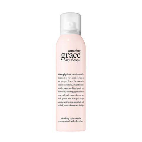 Philosophy Amazing Grace dry shampoo in a light pink spray bottle with black text