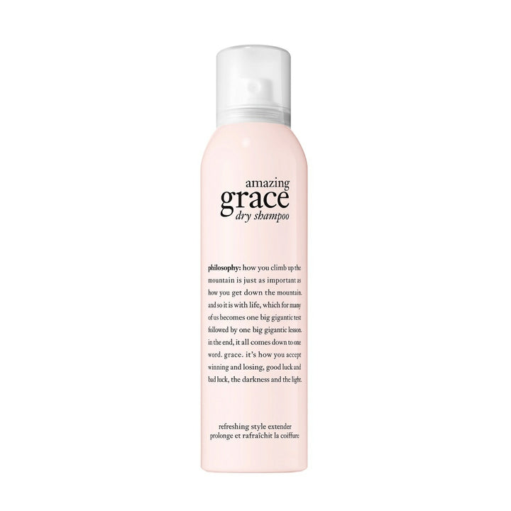 Philosophy Amazing Grace dry shampoo in a light pink spray bottle with black text