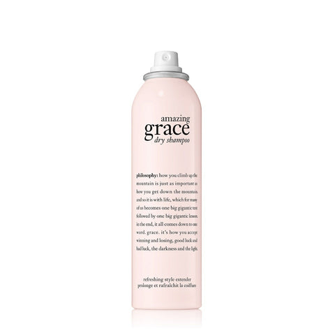 Philosophy Amazing Grace dry shampoo in a light pink spray bottle for refreshing hair