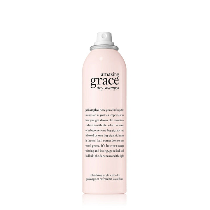 Philosophy Amazing Grace dry shampoo in a light pink spray bottle for refreshing hair