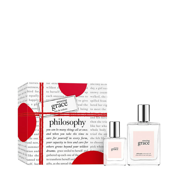 Philosophy Amazing Grace gift set with two fragrance bottles and decorative white box with red accents