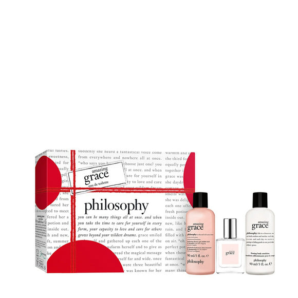 Philosophy Amazing Grace gift set with eau de toilette spray, body lotion, and shower gel in white and pink packaging