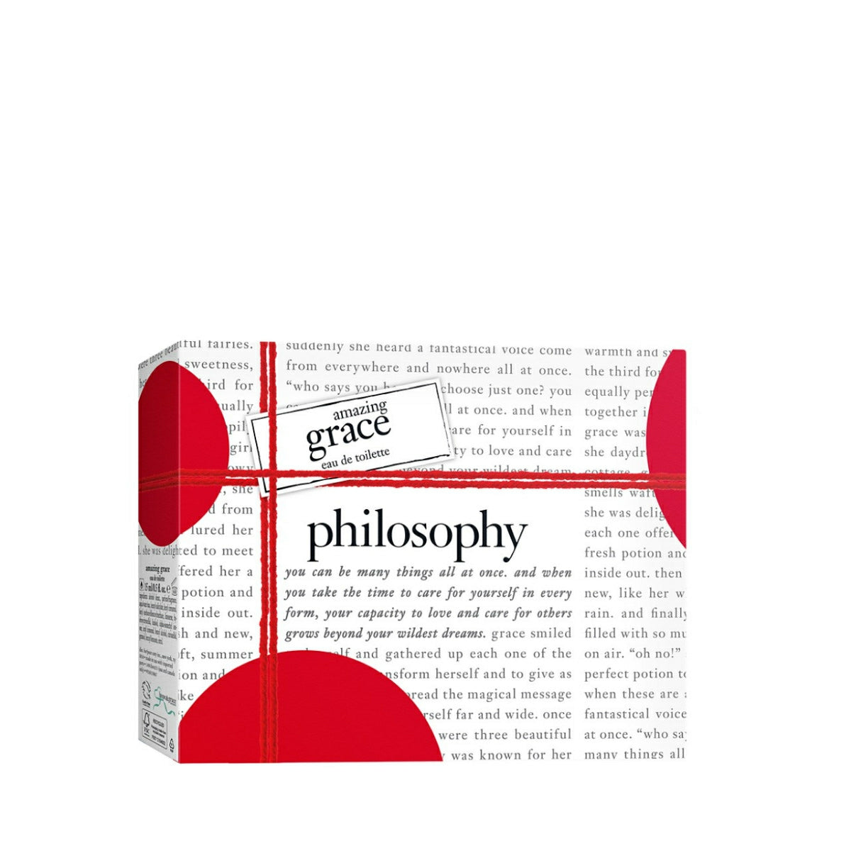 Philosophy Amazing Grace gift set with red and white packaging featuring text design and twine ribbon