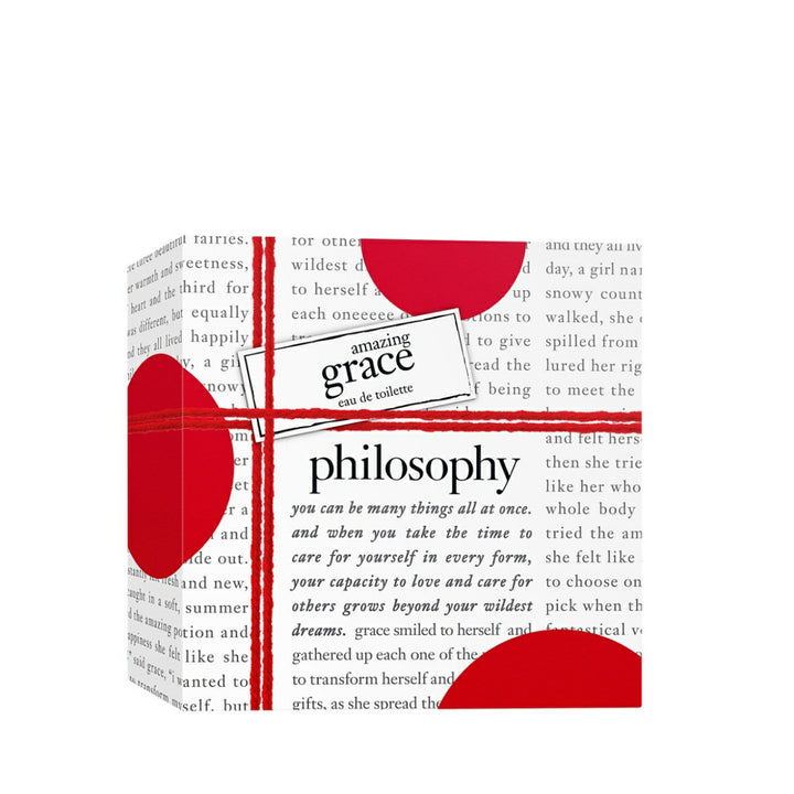 Philosophy Amazing Grace gift set box with red and white design and inspirational text on packaging