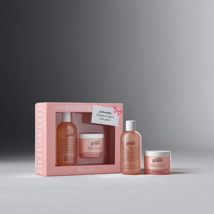 Philosophy Amazing Grace gift set with body wash and body cream in pink packaging