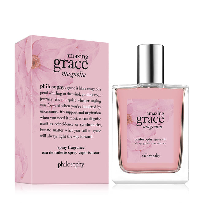 Philosophy Amazing Grace Magnolia perfume bottle and pink packaging with floral design