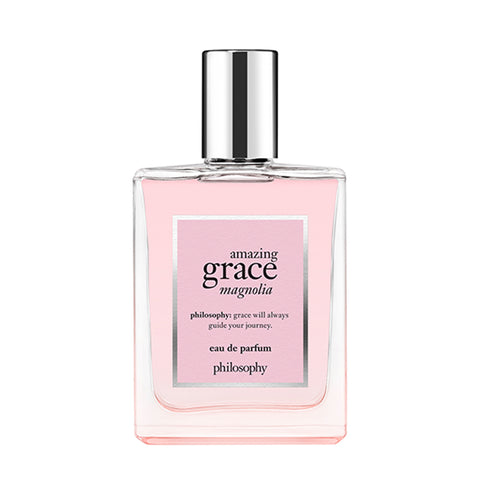 Philosophy Amazing Grace Magnolia perfume in a clear rectangular glass bottle with silver cap and pink label