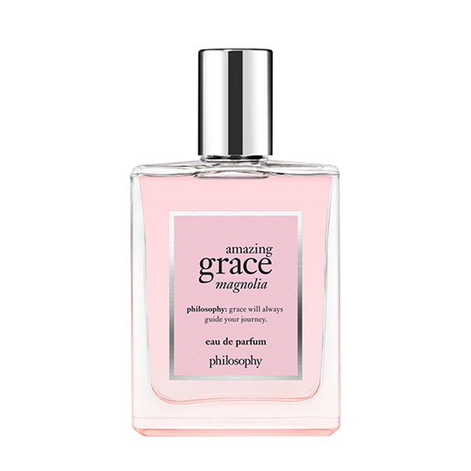 Philosophy Amazing Grace Magnolia perfume in a clear rectangular glass bottle with silver cap and pink label
