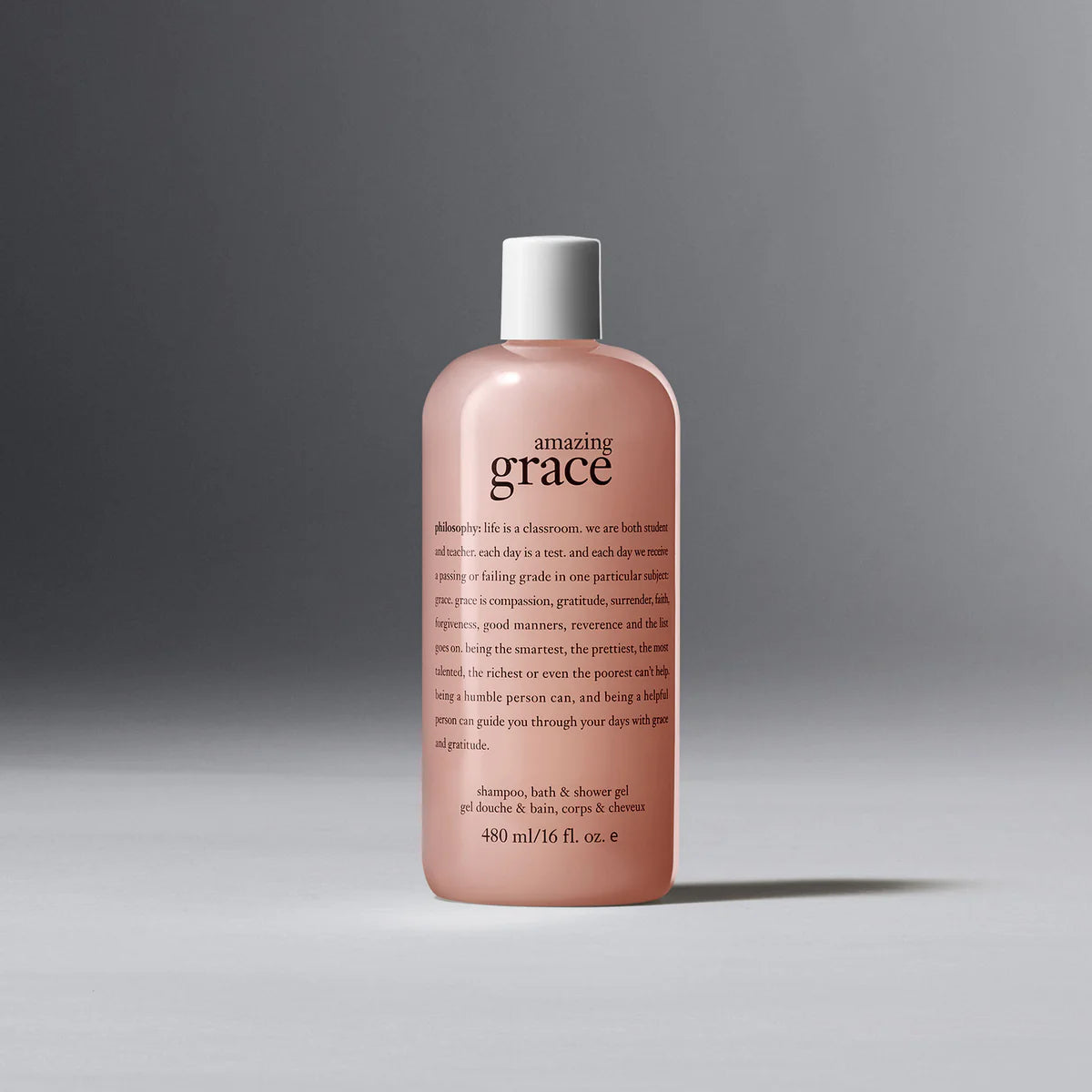 Philosophy amazing grace shower gel bottle with soft pink color and white cap 16 fl oz