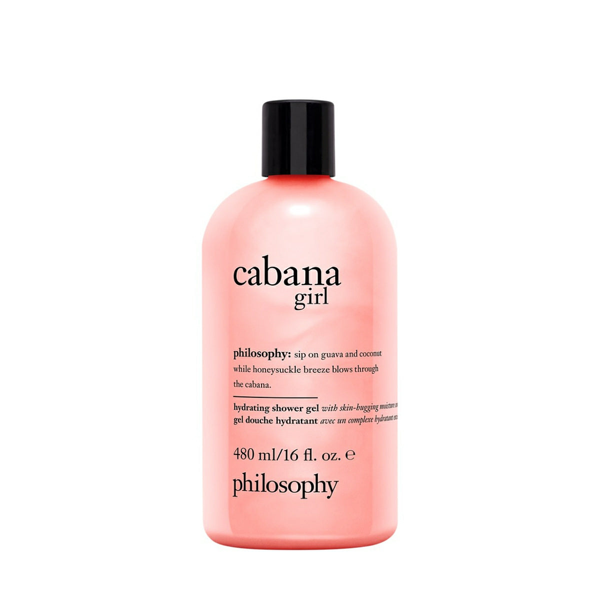 Philosophy Cabana Girl shower gel in 16 oz pink bottle with black cap for hydrating skin