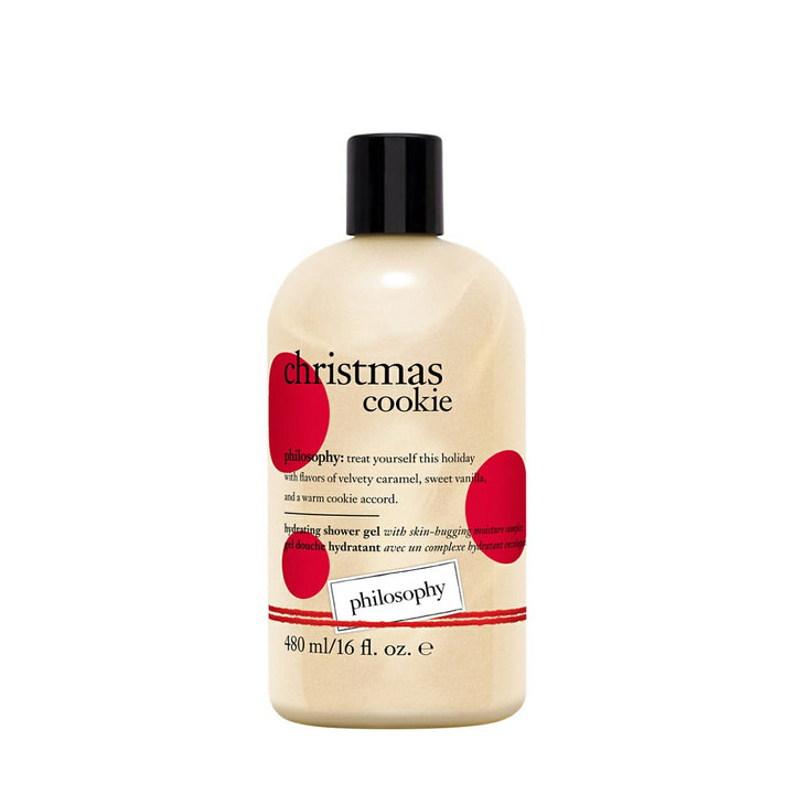 Philosophy Christmas Cookie shower gel bottle with red and black holiday design and 16 oz size