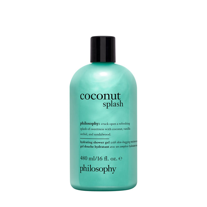 Philosophy coconut shower gel in turquoise bottle with black cap 16 oz hydrating formula
