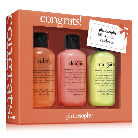 Philosophy Congrats gift set with bubbly, melon daiquiri, and margarita shower gels in a coral orange box
