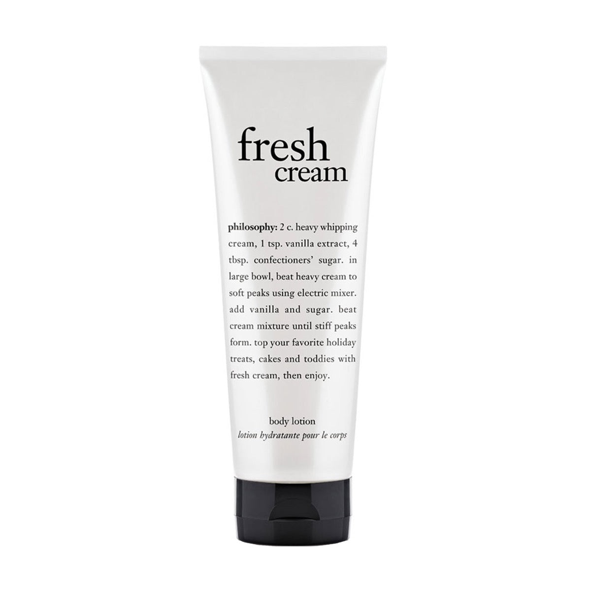 Philosophy fresh cream body lotion in white tube with black cap and descriptive text on front