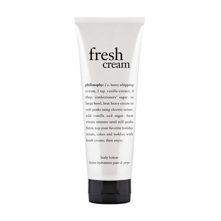 Philosophy fresh cream body lotion in white tube with black cap and descriptive text on front