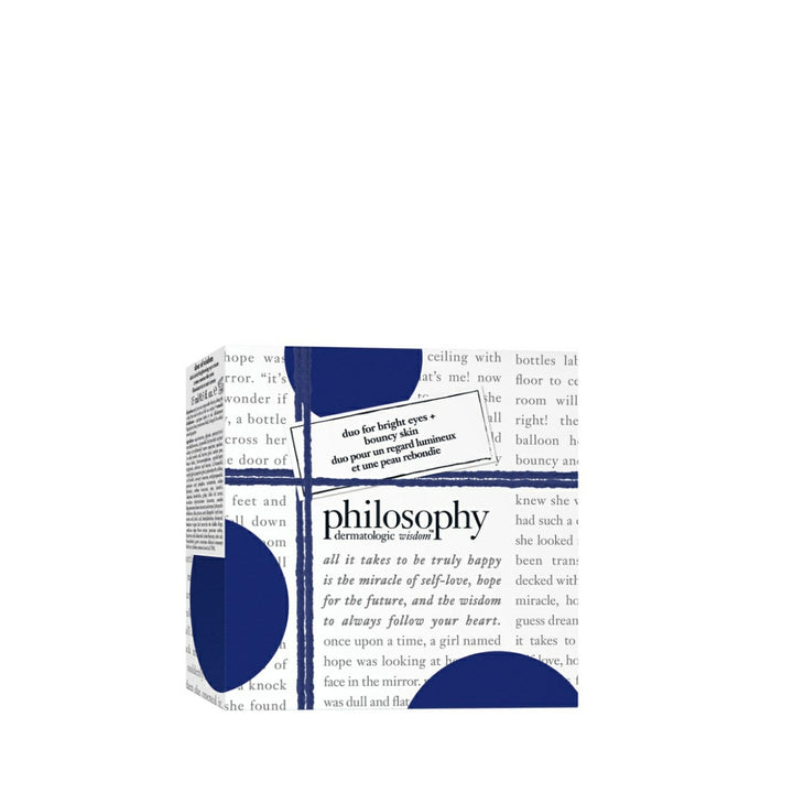 Philosophy gift set for skin featuring a white box with blue text and design elements