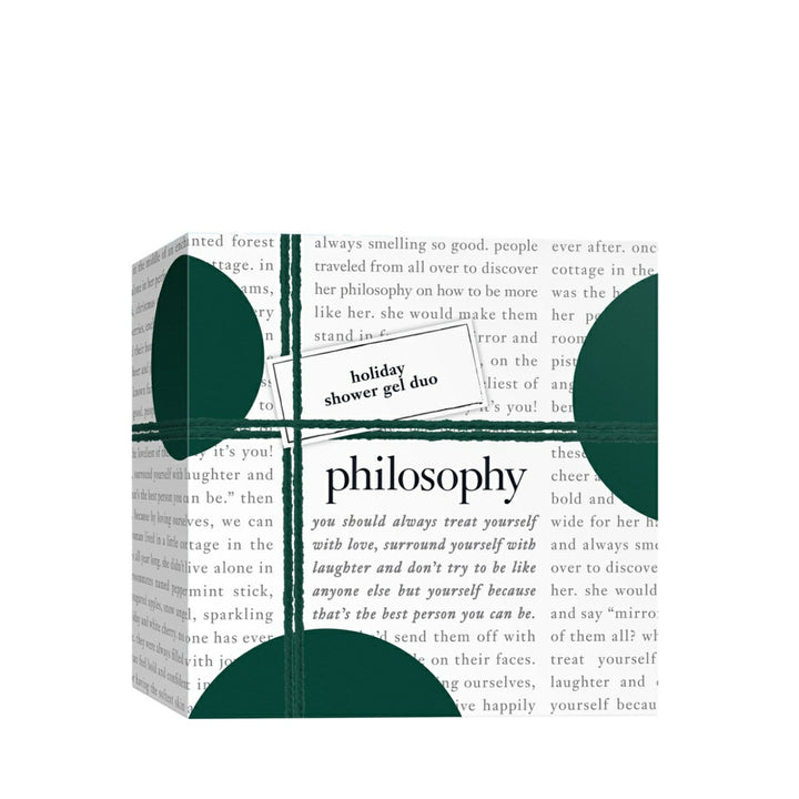 Philosophy holiday shower gel gift set in white box with green leaf design and text