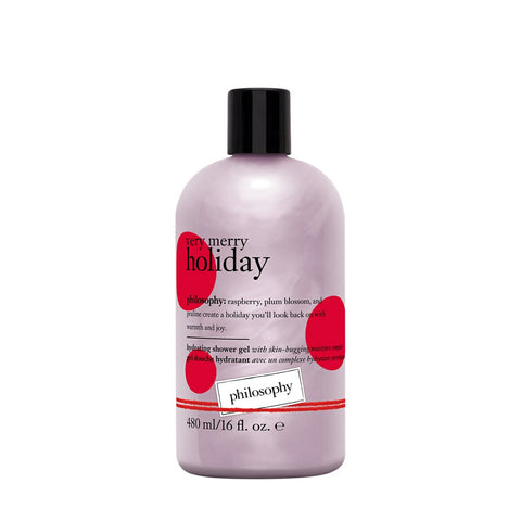 Philosophy holiday shower gel in a lavender bottle with black cap and festive red design