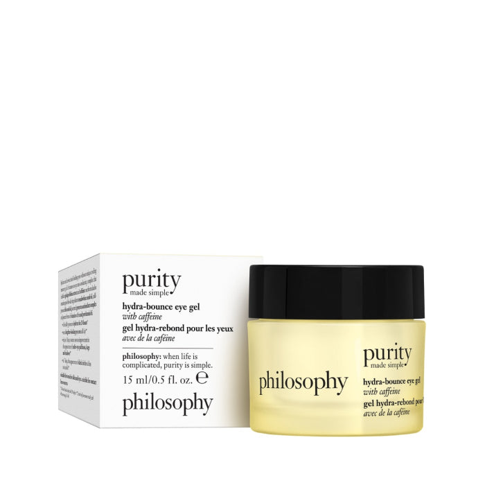 Philosophy purity hydra-bounce hydrating eye gel with caffeine in 15 ml jar and packaging