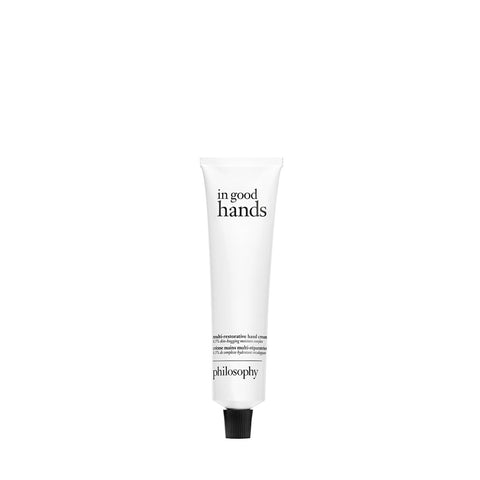 Philosophy in good hands multi-restorative hand cream in white squeeze tube with black cap