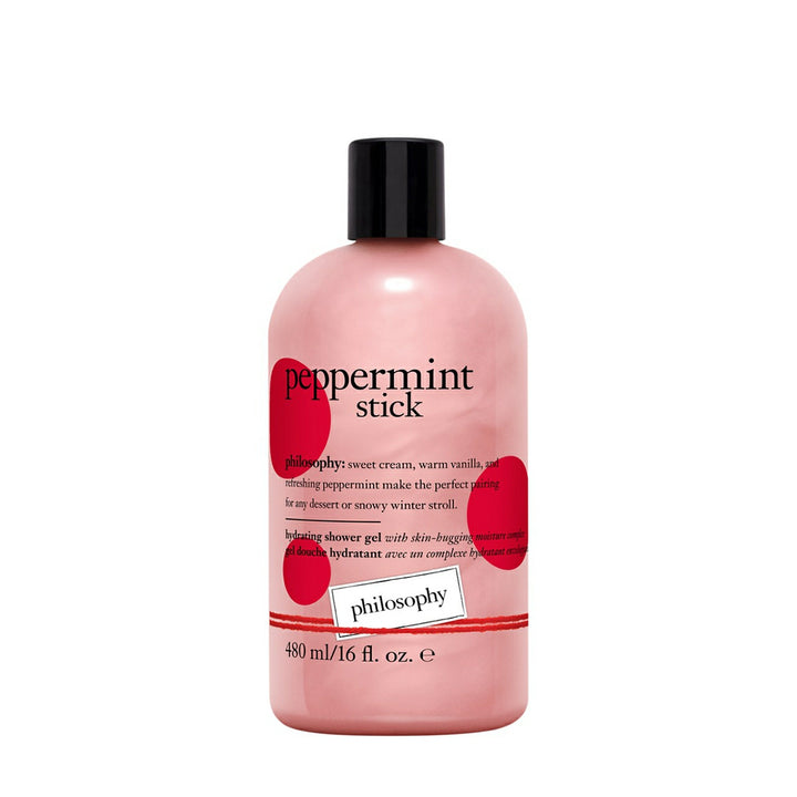 Philosophy peppermint shower gel in a pink 16 oz bottle with black cap and red design