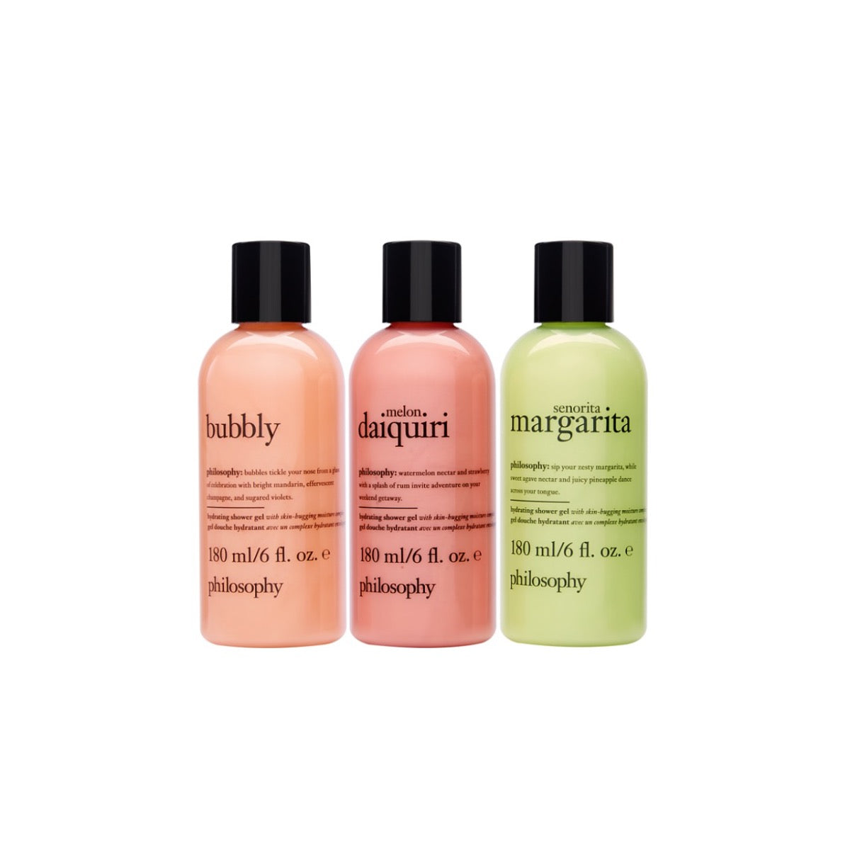 Philosophy gift set three 180ml fragrance bottles bubbly melon daiquiri senorita margarita in pastel colors
