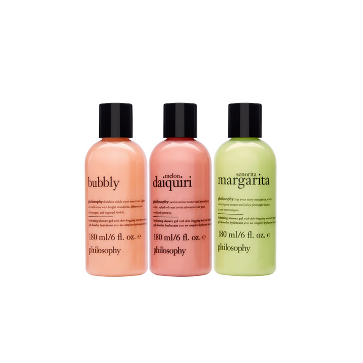 Philosophy gift set three 180ml fragrance bottles bubbly melon daiquiri senorita margarita in pastel colors