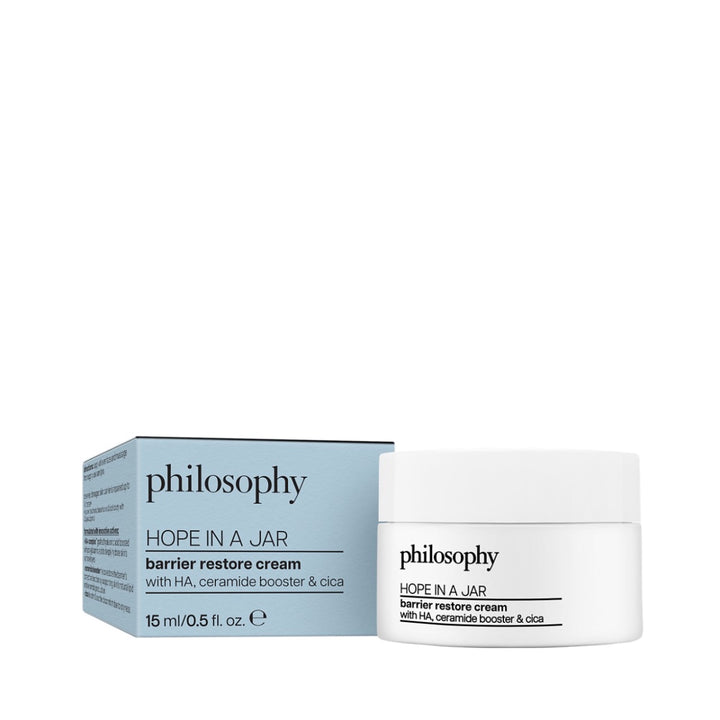 Philosophy Hope In A Jar cream jar and blue box on white background showing label