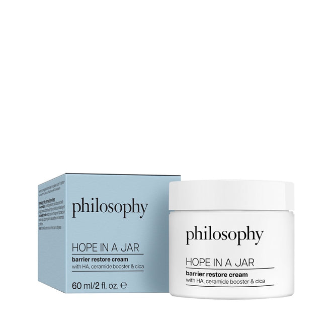 Philosophy Hope In A Jar cream jar and light blue box barrier restore cream with HA ceramide booster 60 ml