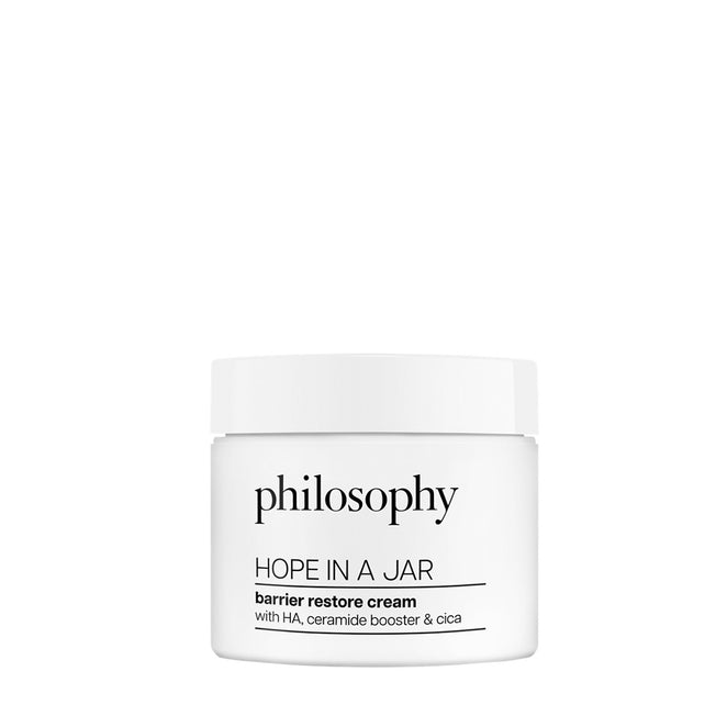 Philosophy Hope In A Jar cream in white jar moisturizer with HA ceramide booster and cica for hydration