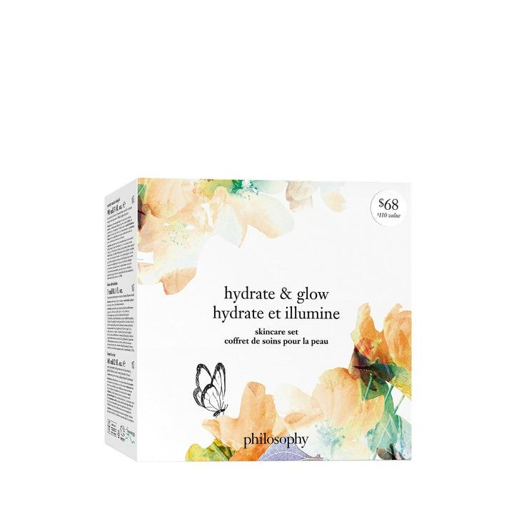 Philosophy Hydrate and Glow skincare set with floral design packaging and butterfly illustration