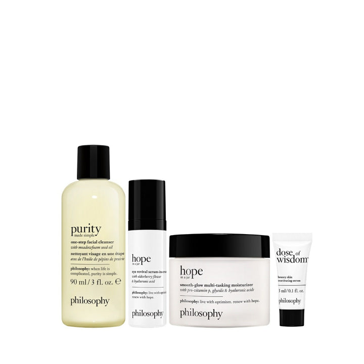 Philosophy Hydrate & Glow skincare set with cleanser moisturizer serum and cream