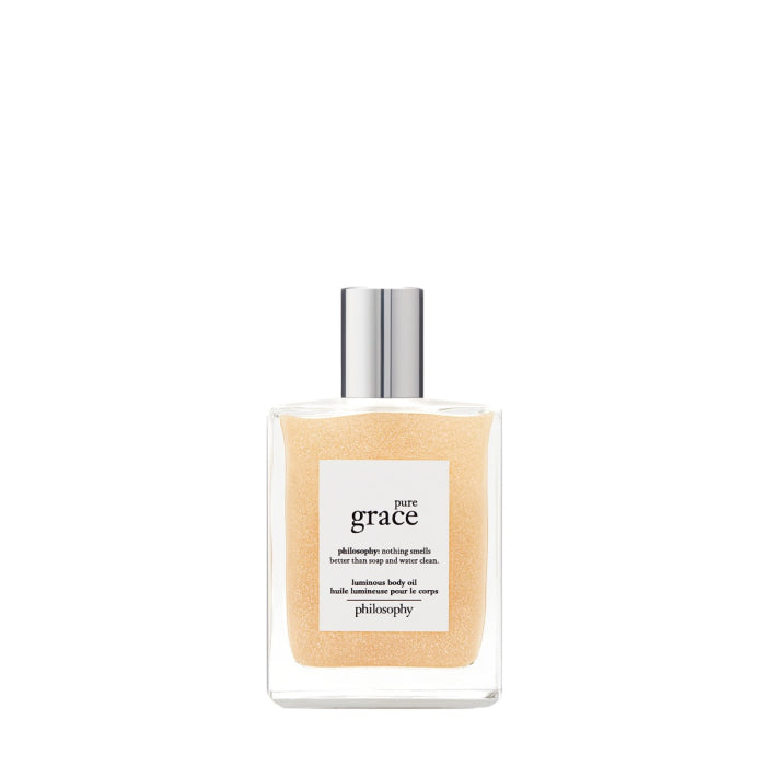 Philosophy Pure Grace body oil in clear bottle with silver cap and light beige liquid inside